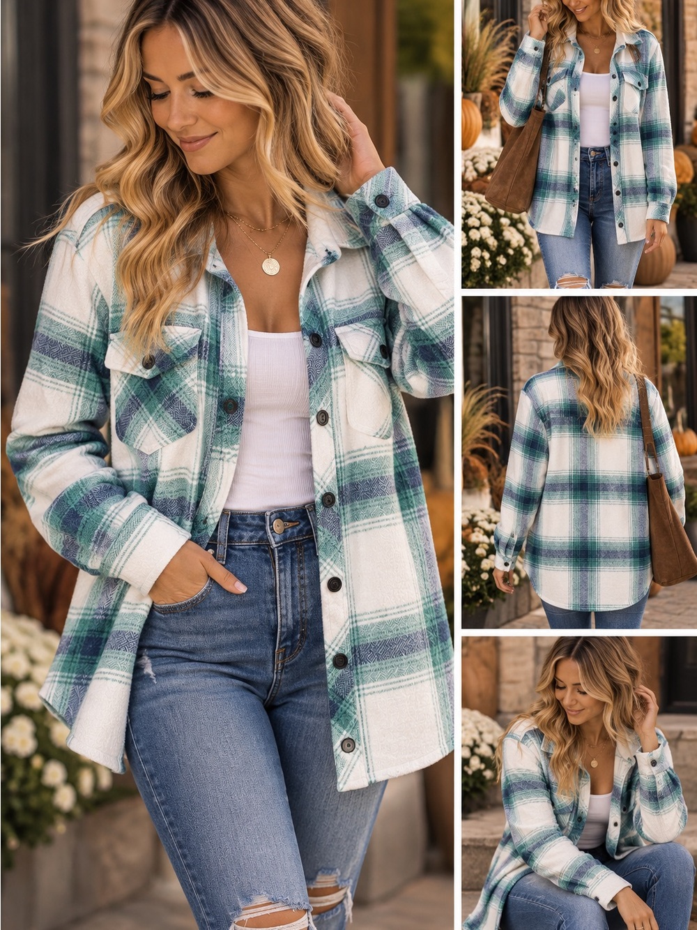 Green & White Plaid Button-Down Shacket
